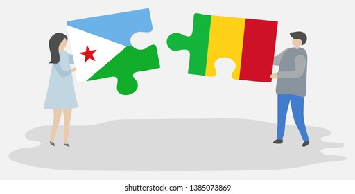 Couple holding two puzzles pieces with Djiboutian and Malian flags. Djibouti and Mali national symbols together.