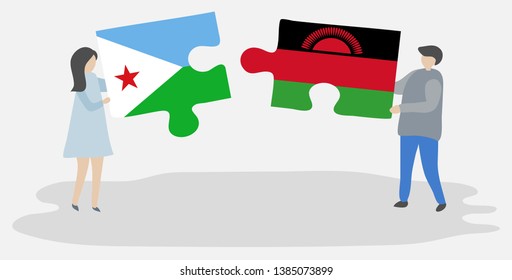 Couple holding two puzzles pieces with Djiboutian and Malawian flags. Djibouti and Malawi national symbols together.