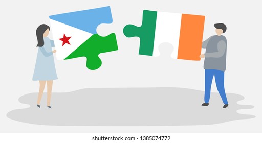 Couple holding two puzzles pieces with Djiboutian and Irish flags. Djibouti and Ireland national symbols together.