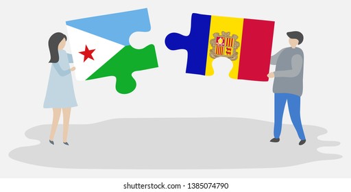 Couple holding two puzzles pieces with Djiboutian and Andorran flags. Djibouti and Andorra national symbols together.