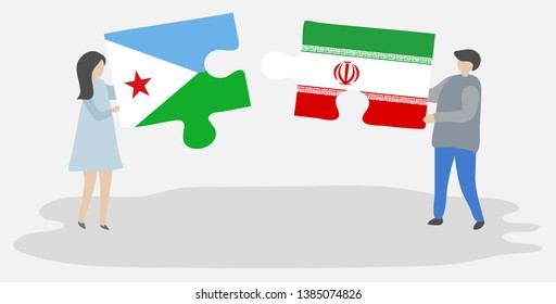 Couple holding two puzzles pieces with Djiboutian and Iranian flags. Djibouti and Iran national symbols together.