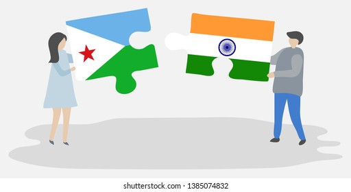 Couple holding two puzzles pieces with Djiboutian and Indian flags. Djibouti and India national symbols together.
