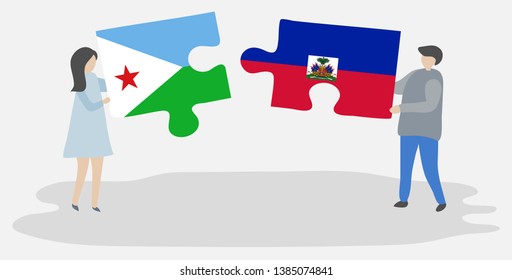 Couple holding two puzzles pieces with Djiboutian and Haitian flags. Djibouti and Haiti national symbols together.