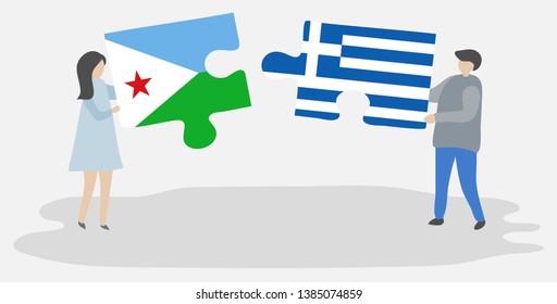 Couple holding two puzzles pieces with Djiboutian and Greek flags. Djibouti and Greece national symbols together.