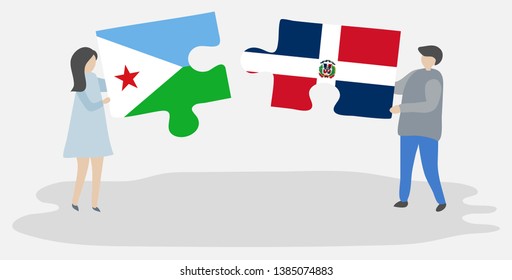 Couple holding two puzzles pieces with Djiboutian and Dominican flags. Djibouti and Dominican Republic national symbols together.