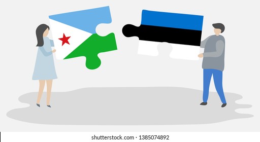 Couple holding two puzzles pieces with Djiboutian and Estonian flags. Djibouti and Estonia national symbols together.