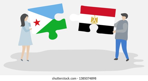 Couple holding two puzzles pieces with Djiboutian and Egyptian flags. Djibouti and Egypt national symbols together.