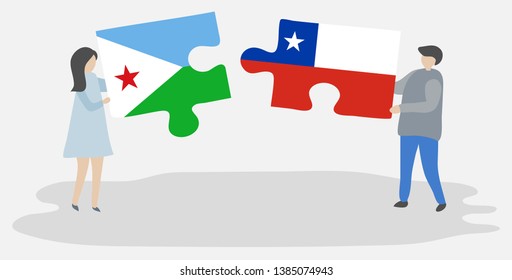 Couple holding two puzzles pieces with Djiboutian and Chilean flags. Djibouti and Chile national symbols together.