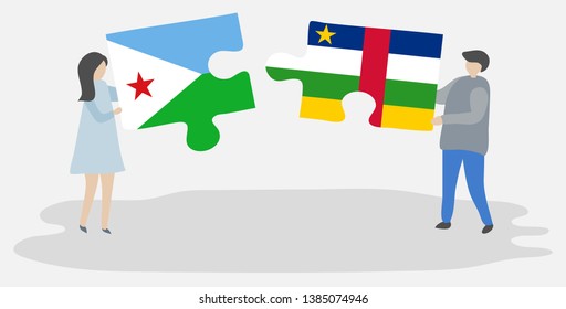 Couple holding two puzzles pieces with Djiboutian and Central African flags. Djibouti and Central African Republic national symbols together.