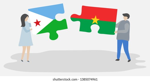 Couple holding two puzzles pieces with Djiboutian and Burkinabe flags. Djibouti and Burkina Faso national symbols together.