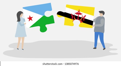 Couple holding two puzzles pieces with Djiboutian and Bruneian flags. Djibouti and Brunei national symbols together.
