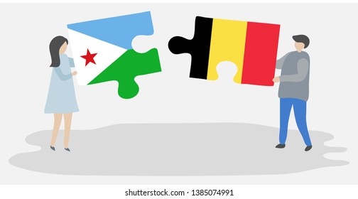 Couple holding two puzzles pieces with Djiboutian and Belgian flags. Djibouti and Belgium national symbols together.