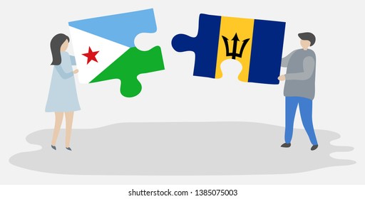 Couple holding two puzzles pieces with Djiboutian and Barbadian flags. Djibouti and Barbados national symbols together.