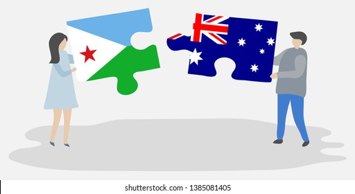 Couple holding two puzzles pieces with Djiboutian and Australian flags. Djibouti and Australia national symbols together.