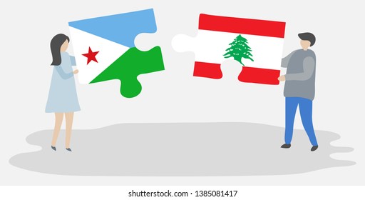 Couple holding two puzzles pieces with Djiboutian and Lebanese flags. Djibouti and Lebanon national symbols together.