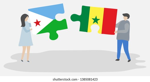 Couple holding two puzzles pieces with Djiboutian and Senegalese flags. Djibouti and Senegal national symbols together.