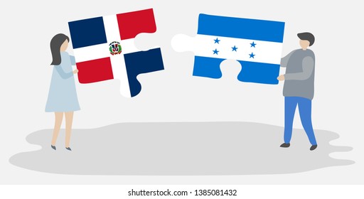 Couple holding two puzzles pieces with Dominican and Honduran flags. Dominican Republic and Honduras national symbols together.