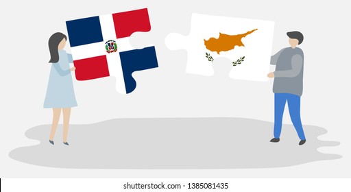 Couple holding two puzzles pieces with Dominican and Cypriot flags. Dominican Republic and Cyprus national symbols together.