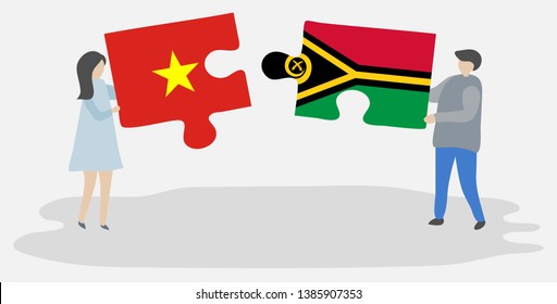 Couple holding two puzzles pieces with Vietnamese and Vanuatuan flags. Vietnam and Vanuatu national symbols together.