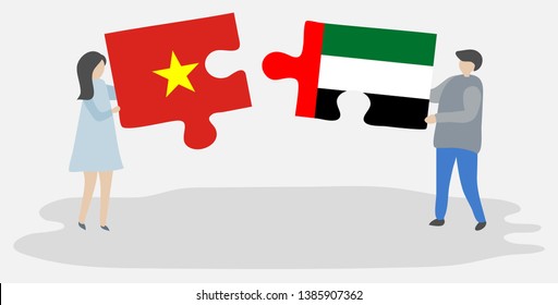 Couple holding two puzzles pieces with Vietnamese and Emirian flags. Vietnam and United Arab Emirates national symbols together.