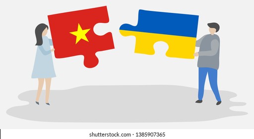 Couple holding two puzzles pieces with Vietnamese and Ukrainian flags. Vietnam and Ukraine national symbols together.