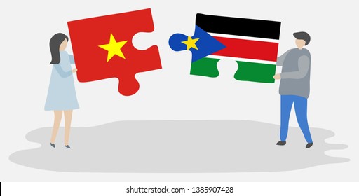 Couple holding two puzzles pieces with Vietnamese and South Sudanese flags. Vietnam and South Sudan national symbols together.
