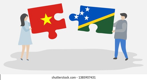 Couple holding two puzzles pieces with Vietnamese and Solomon Island flags. Vietnam and Solomon Islands national symbols together.