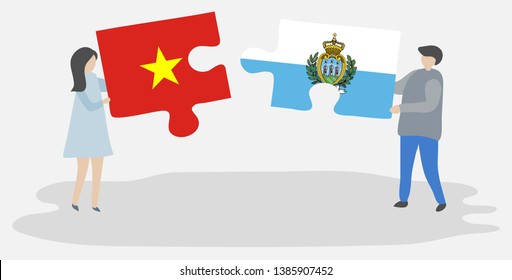 Couple holding two puzzles pieces with Vietnamese and Sammarinese flags. Vietnam and San Marino national symbols together.