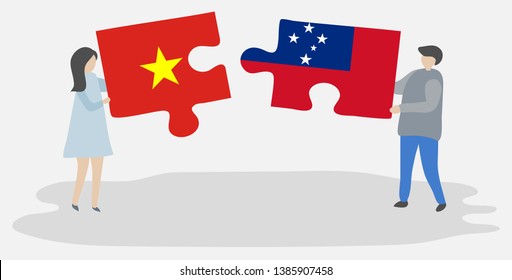 Couple Holding Two Puzzles Pieces With Vietnamese And Samoan Flags. Vietnam And Samoa National Symbols Together.