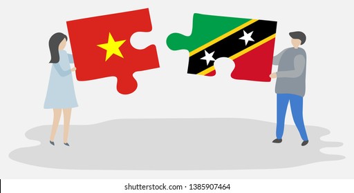 Couple holding two puzzles pieces with Vietnamese and Kittitian flags. Vietnam and Saint Kitts and Nevis national symbols together.