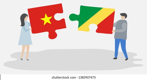 Couple holding two puzzles pieces with Vietnamese and Congolese flags. Vietnam and Republic of the Congo national symbols together.