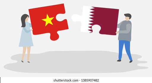 Couple holding two puzzles pieces with Vietnamese and Qatari flags. Vietnam and Qatar national symbols together.