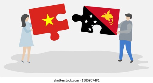 Couple holding two puzzles pieces with Vietnamese and Papuan flags. Vietnam and Papua New Guinea national symbols together.