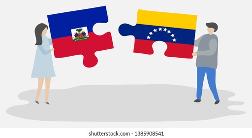 Couple holding two puzzles pieces with Haitian and Venezuelan flags. Haiti and Venezuela national symbols together.