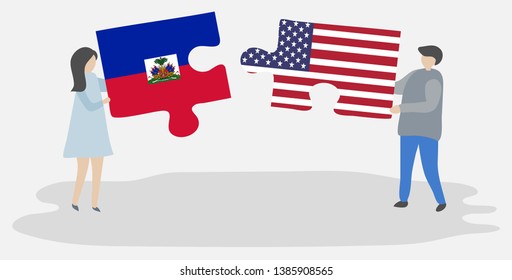 Couple holding two puzzles pieces with Haitian and American flags. Haiti and United States of America national symbols together.