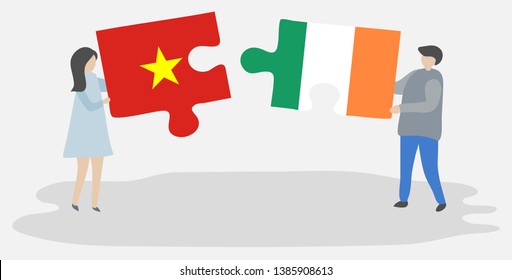 Couple holding two puzzles pieces with Vietnamese and Irish flags. Vietnam and Ireland national symbols together.