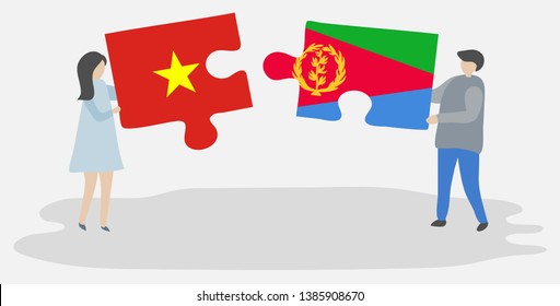 Couple holding two puzzles pieces with Vietnamese and Eritrean flags. Vietnam and Eritrea national symbols together.