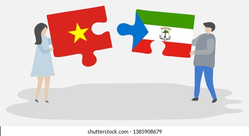 Couple holding two puzzles pieces with Vietnamese and Equatorial Guinean flags. Vietnam and Equatorial Guinea national symbols together.