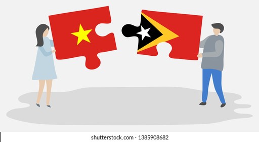 Couple holding two puzzles pieces with Vietnamese and Timorese flags. Vietnam and East Timor national symbols together.