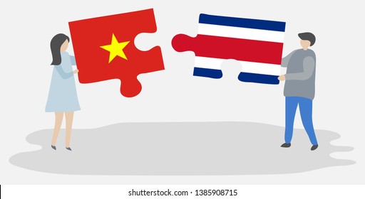 Couple holding two puzzles pieces with Vietnamese and Costa Rican flags. Vietnam and Costa Rica national symbols together.
