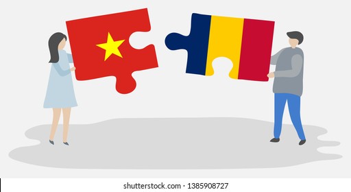 Couple holding two puzzles pieces with Vietnamese and Chadian flags. Vietnam and Chad national symbols together.