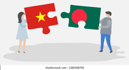 Couple holding two puzzles pieces with Vietnamese and Bangladeshi flags. Vietnam and Bangladesh national symbols together.