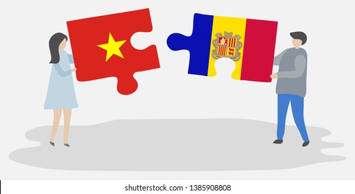 Couple holding two puzzles pieces with Vietnamese and Andorran flags. Vietnam and Andorra national symbols together.
