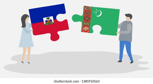 Couple holding two puzzles pieces with Haitian and Turkmen flags. Haiti and Turkmenistan national symbols together.