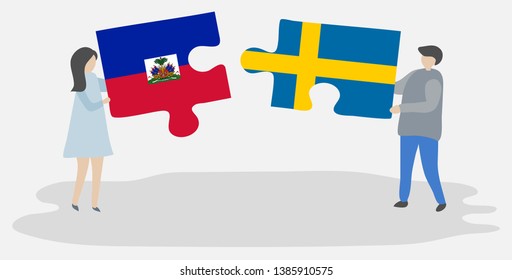 Couple holding two puzzles pieces with Haitian and Swedish flags. Haiti and Sweden national symbols together.