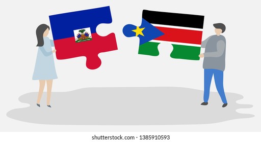 Couple holding two puzzles pieces with Haitian and South Sudanese flags. Haiti and South Sudan national symbols together.