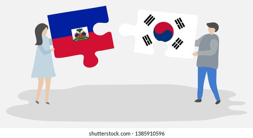 Couple holding two puzzles pieces with Haitian and South Korean flags. Haiti and South Korea national symbols together.