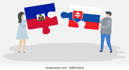 Couple holding two puzzles pieces with Haitian and Slovak flags. Haiti and Slovakia national symbols together.