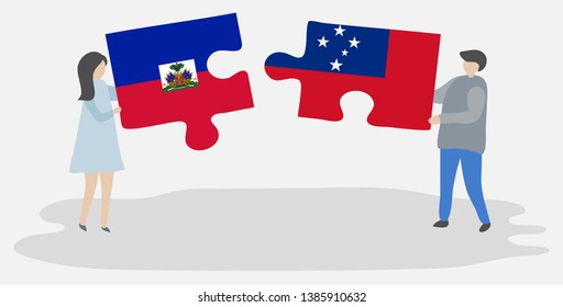 Couple Holding Two Puzzles Pieces With Haitian And Samoan Flags. Haiti And Samoa National Symbols Together.