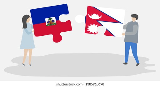 Couple holding two puzzles pieces with Haitian and Nepalese flags. Haiti and Nepal national symbols together.